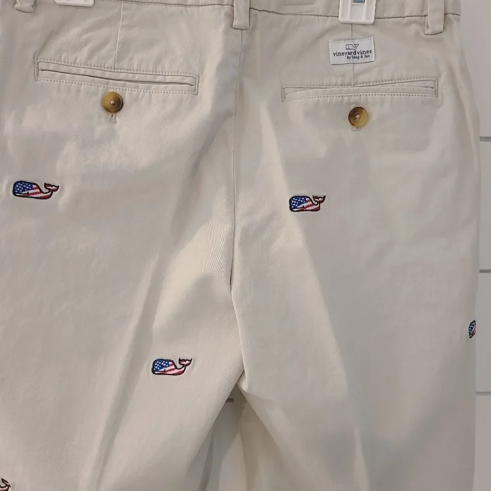 Vineyard Vines Khaki Flat Front Shorts with Whale Embroidery